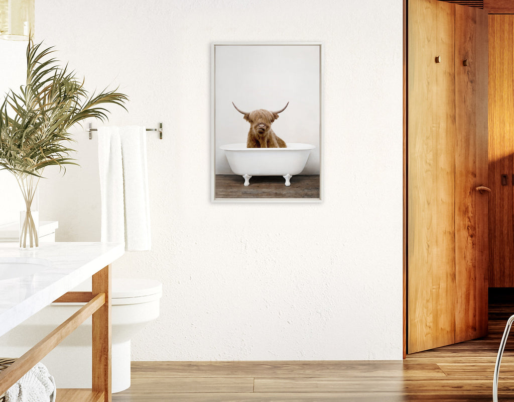 Sylvie Highland Cow in Tub Color Framed Canvas by Amy Peterson Art Studio