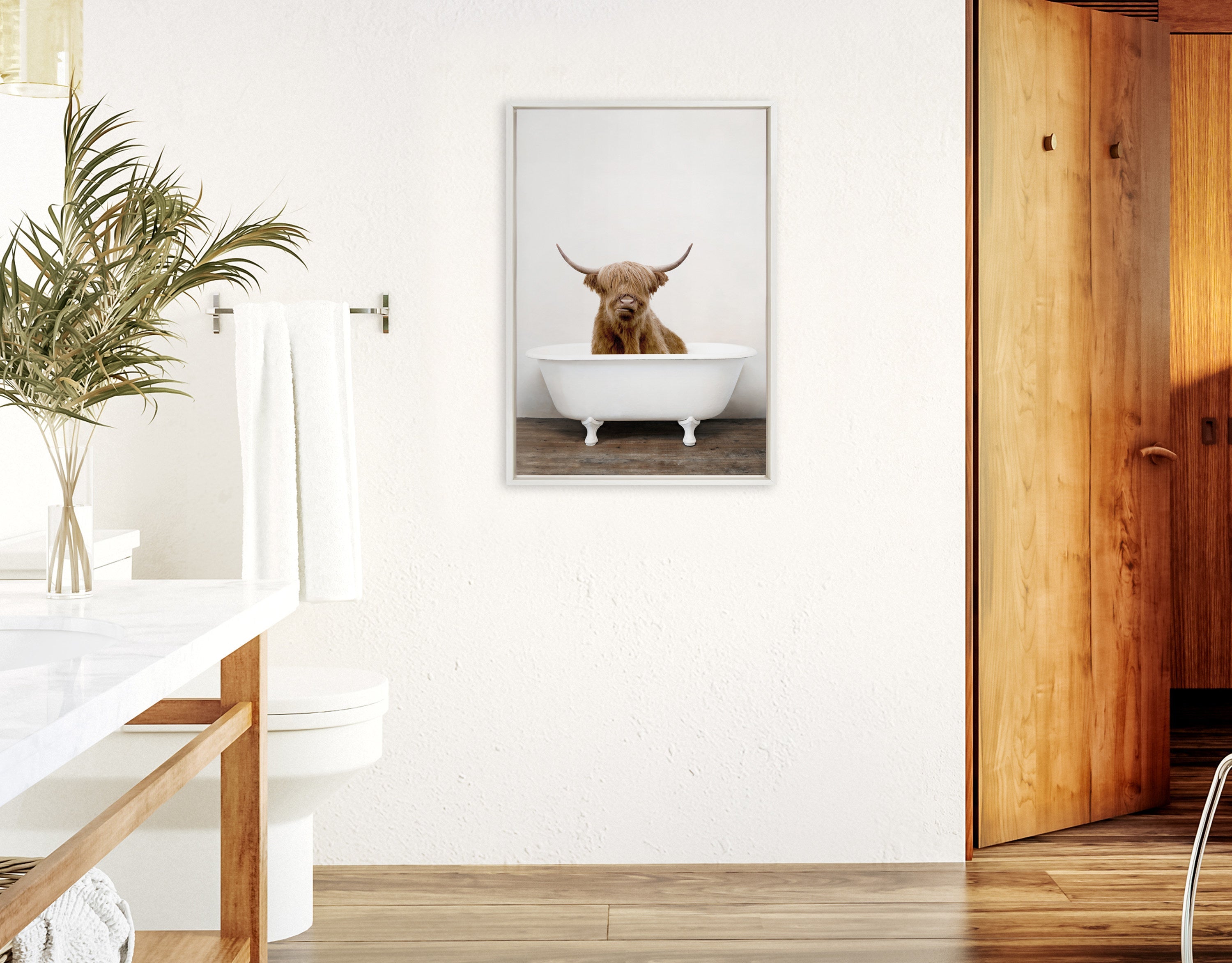 Sylvie Highland Cow in Tub Color Framed Canvas by Amy Peterson Art Studio