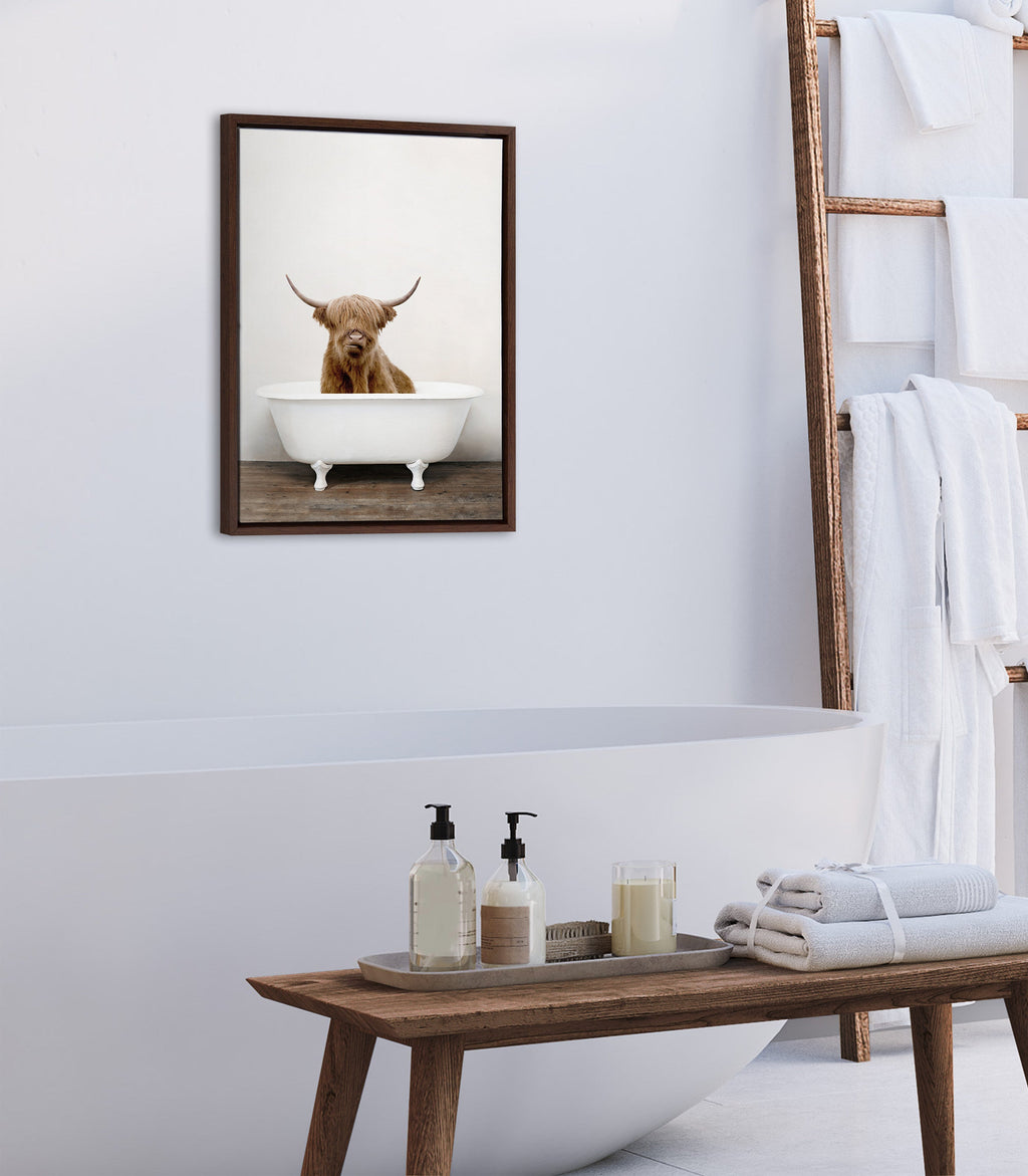 Sylvie Highland Cow in Tub Color Framed Canvas by Amy Peterson Art Studio