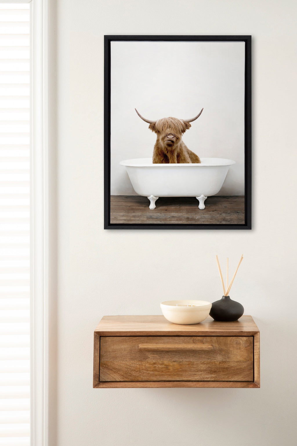 Sylvie Highland Cow in Tub Color Framed Canvas by Amy Peterson Art Studio
