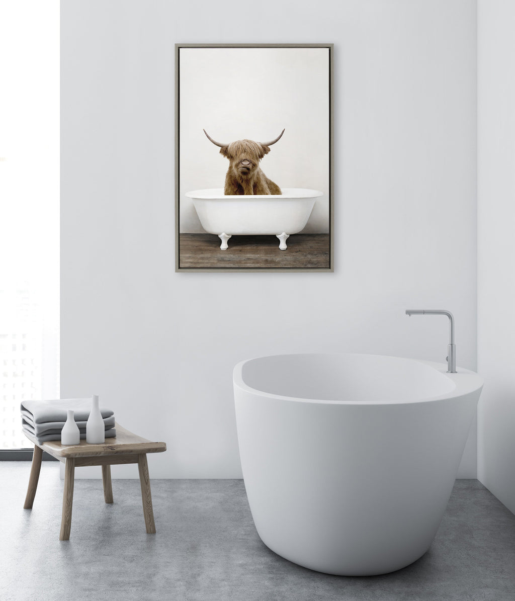 Sylvie Highland Cow in Tub Color Framed Canvas by Amy Peterson Art Studio