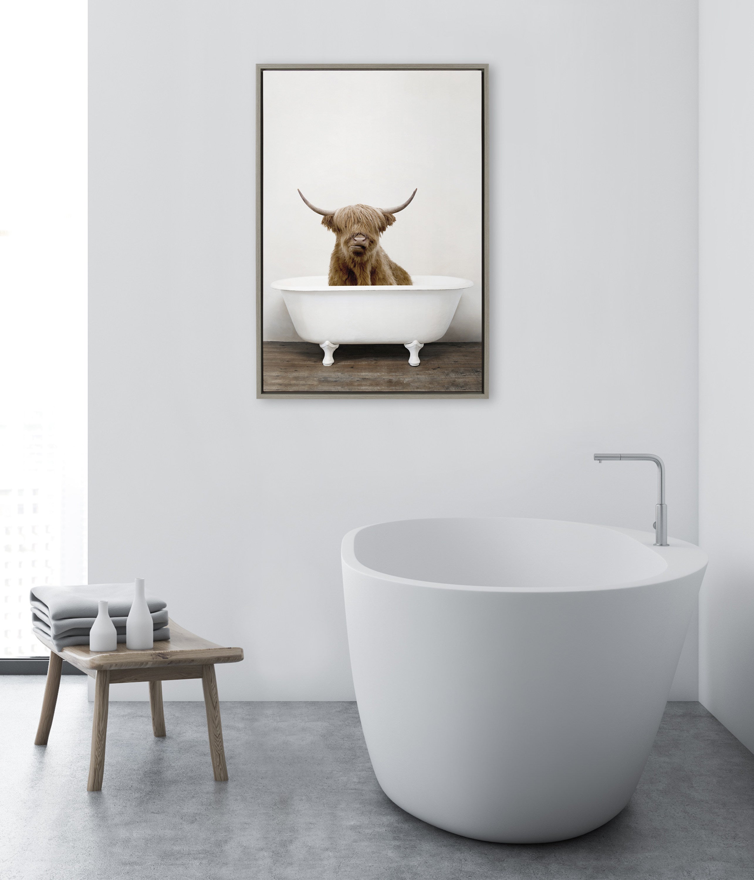 Sylvie Highland Cow in Tub Color Framed Canvas by Amy Peterson Art Studio