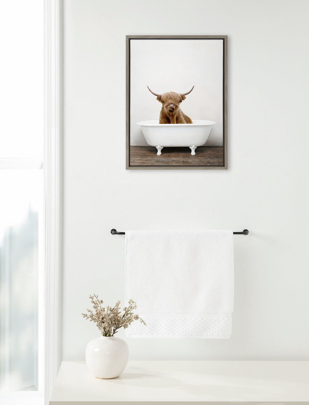 Sylvie Highland Cow in Tub Color Framed Canvas by Amy Peterson Art Studio