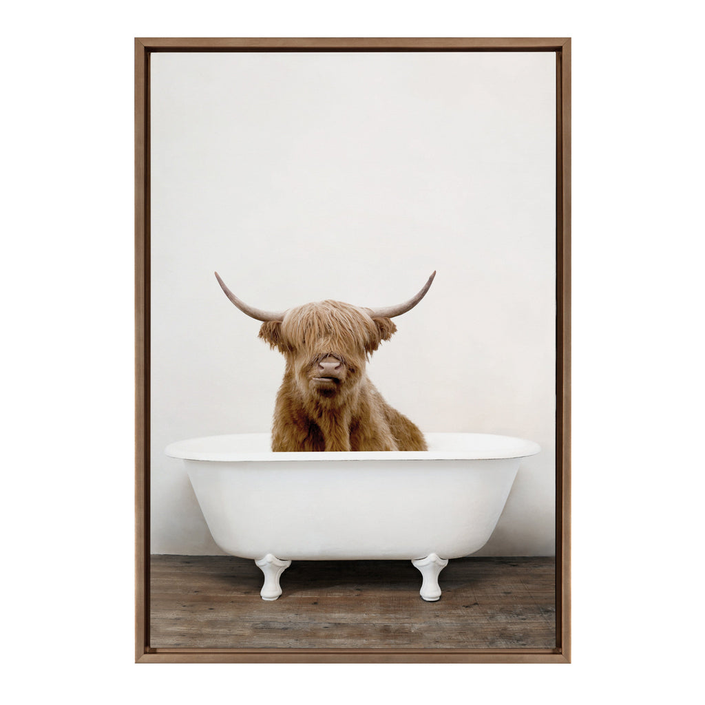 Sylvie Highland Cow in Tub Color Framed Canvas by Amy Peterson Art Studio