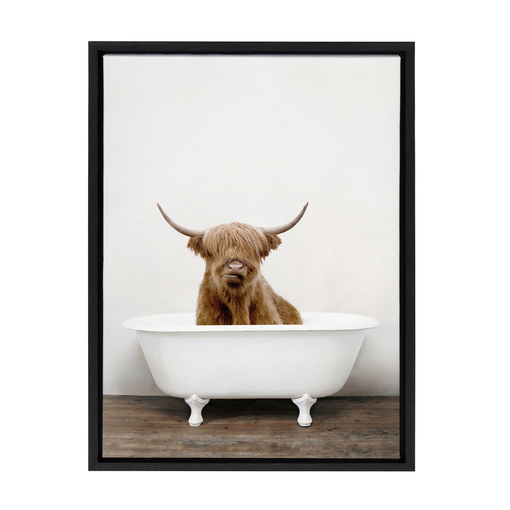 Sylvie Highland Cow in Tub Color Framed Canvas by Amy Peterson Art Studio