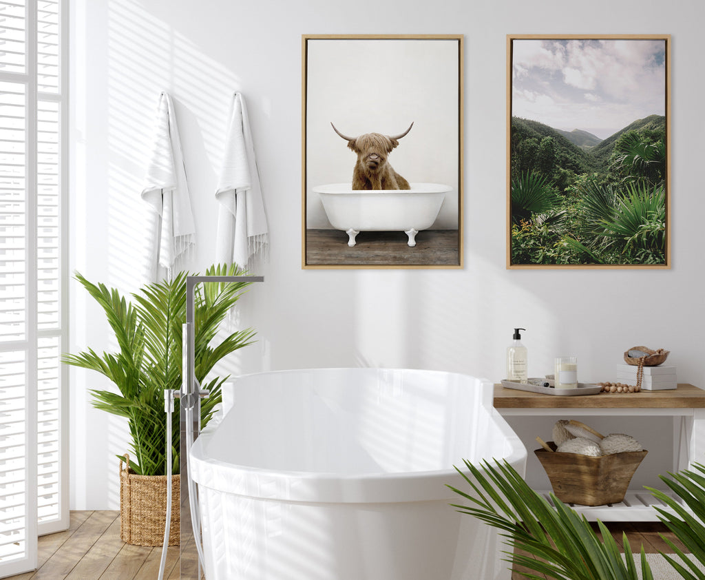 Sylvie Highland Cow in Tub Color Framed Canvas by Amy Peterson Art Studio