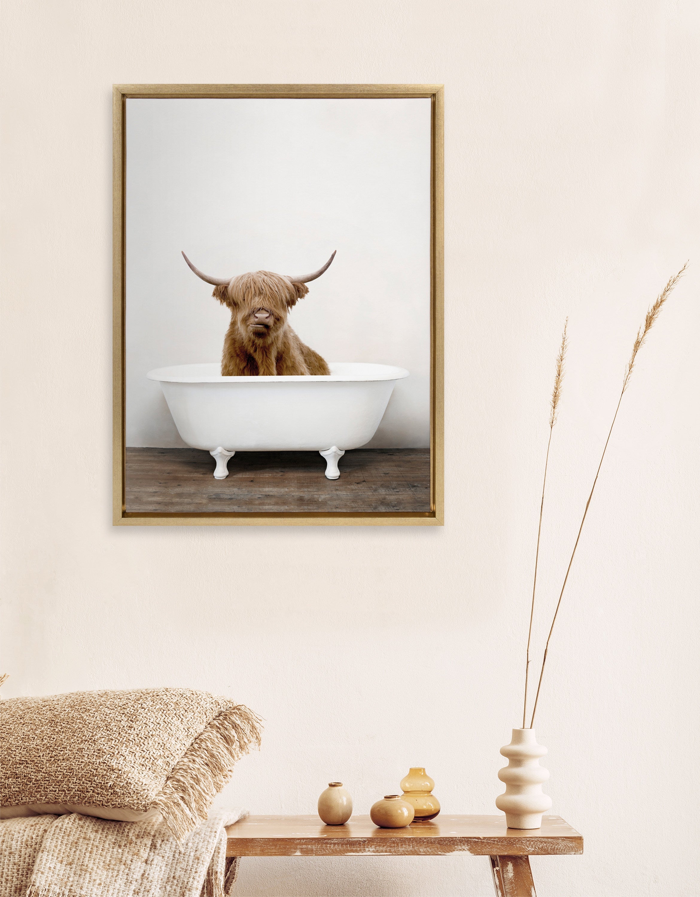 Sylvie Highland Cow in Tub Color Framed Canvas by Amy Peterson Art Studio