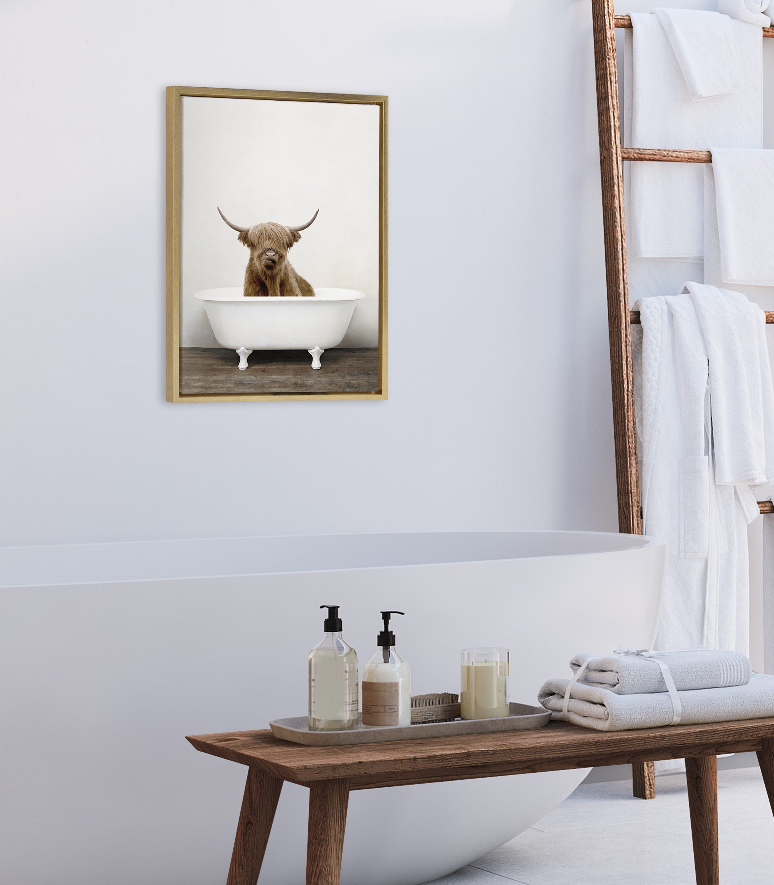 Sylvie Highland Cow in Tub Color Framed Canvas by Amy Peterson Art Studio