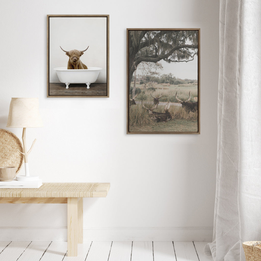 Sylvie Highland Cow in Tub Color Framed Canvas by Amy Peterson Art Studio