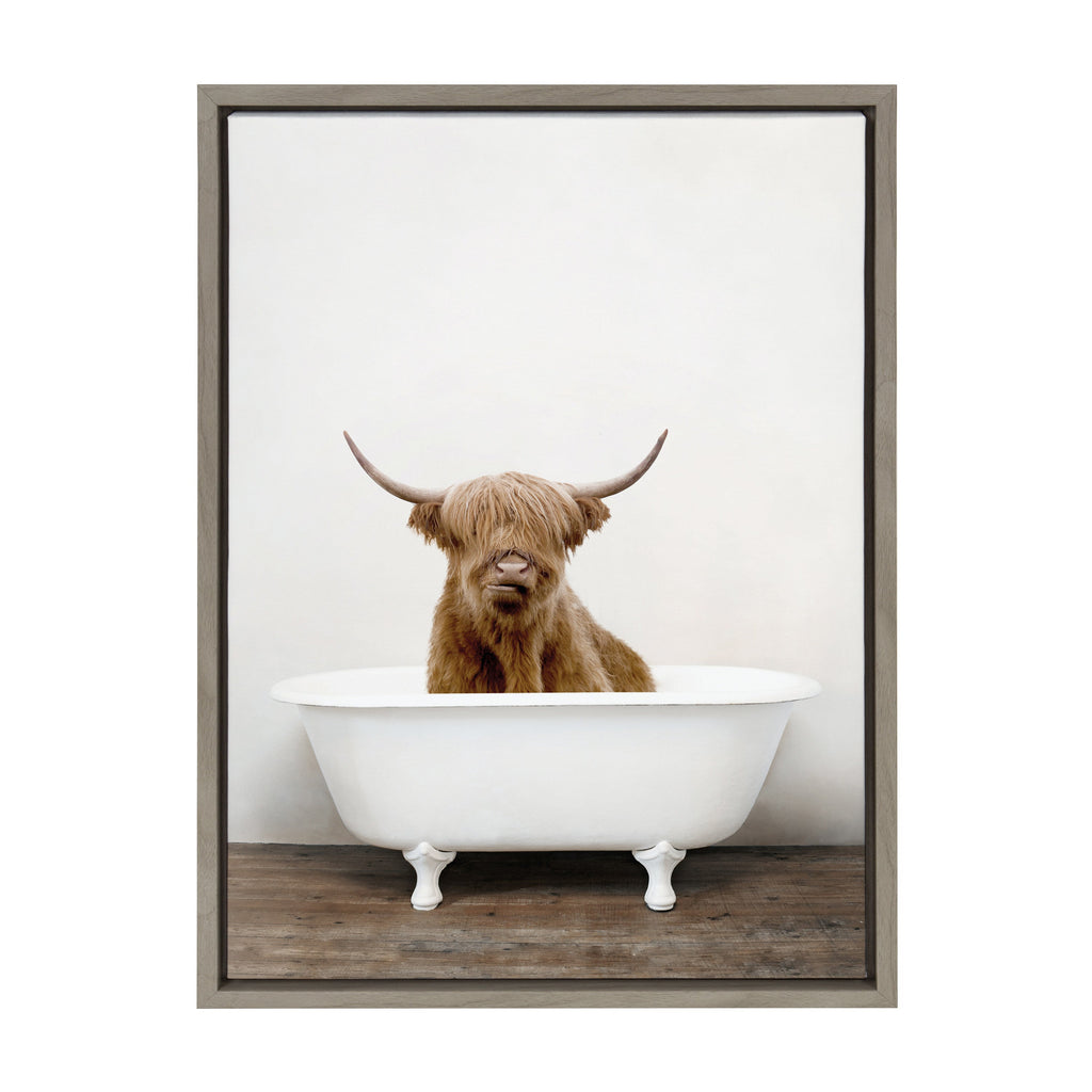 Sylvie Highland Cow in Tub Color Framed Canvas by Amy Peterson Art Studio