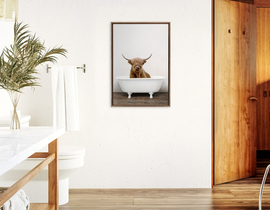 Sylvie Highland Cow in Tub Color Framed Canvas by Amy Peterson Art Studio