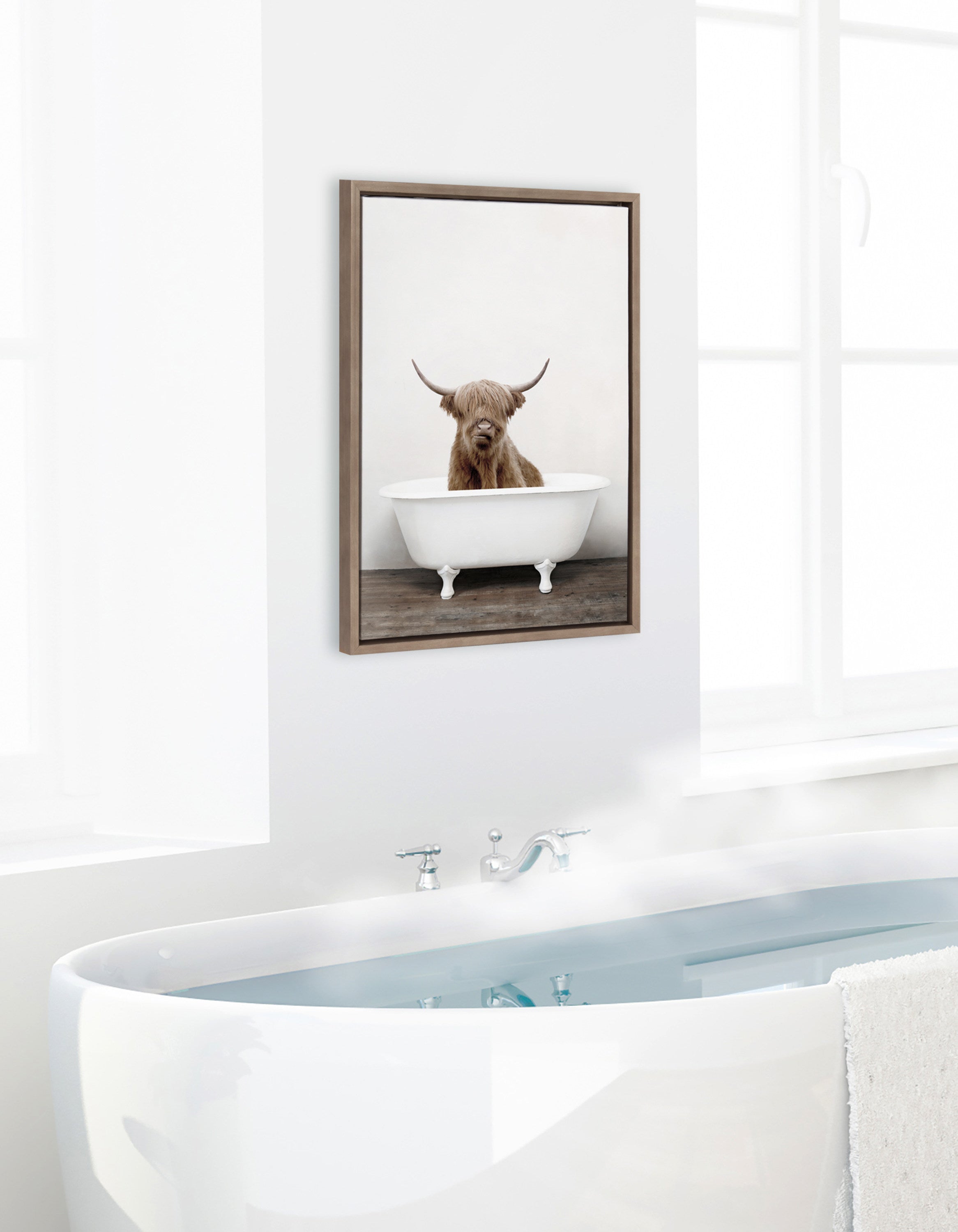 Sylvie Highland Cow in Tub Color Framed Canvas by Amy Peterson Art Studio