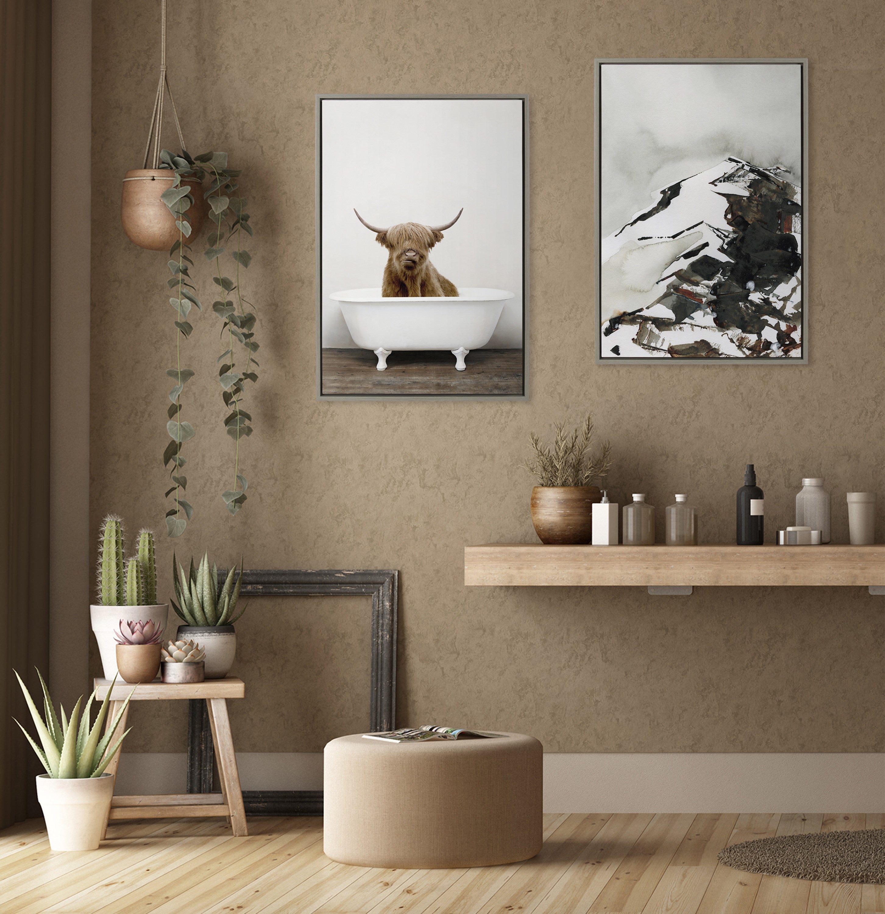 Sylvie Highland Cow in Tub Color Framed Canvas by Amy Peterson Art Studio