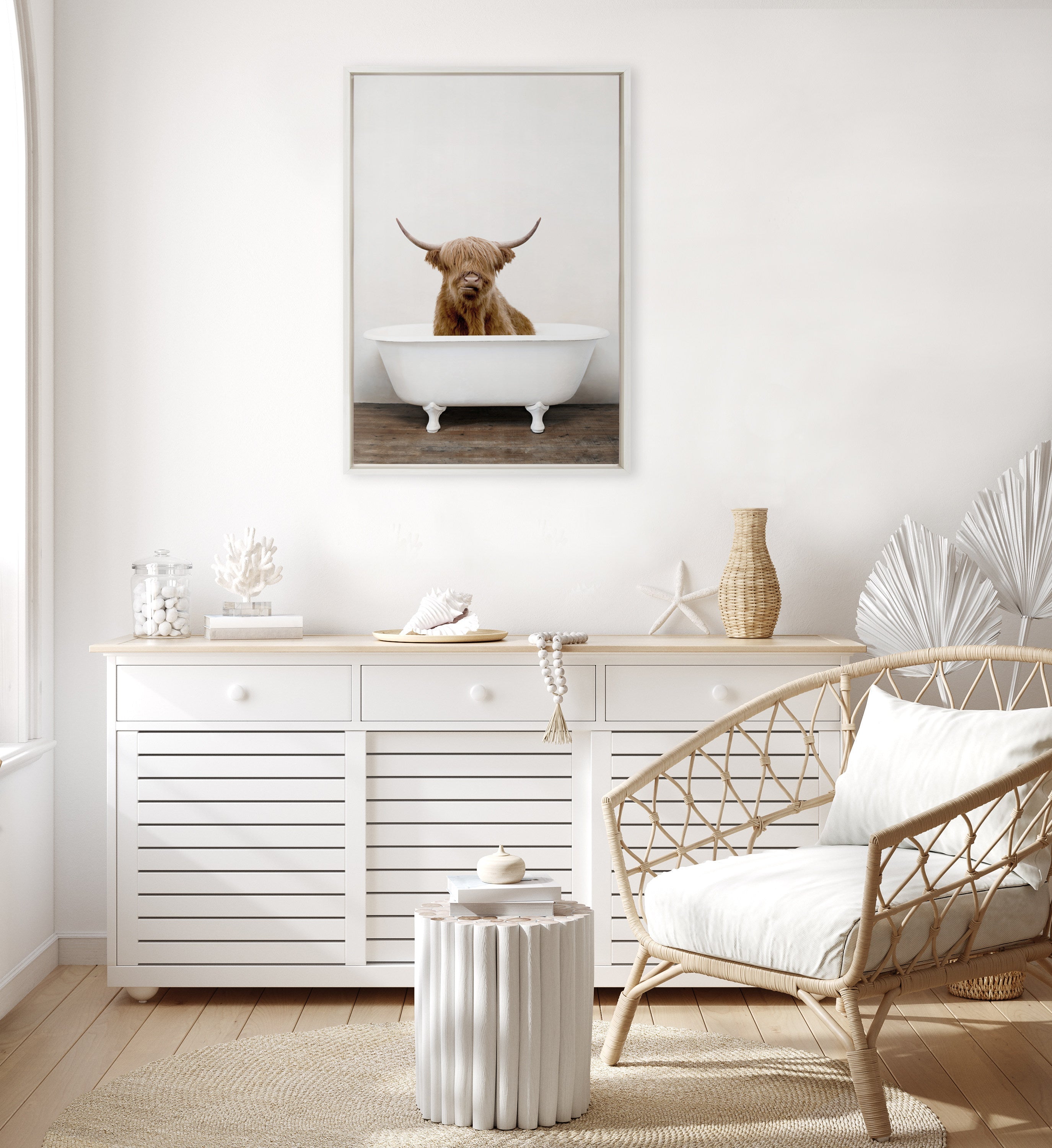 Sylvie Highland Cow in Tub Color Framed Canvas by Amy Peterson Art Studio